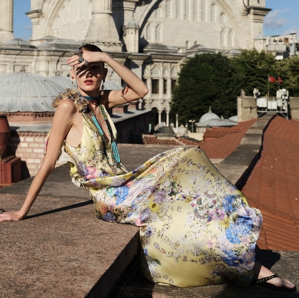 Camilla v neck bias slip dress with back frill in Darling buds - Picture 7 of 16